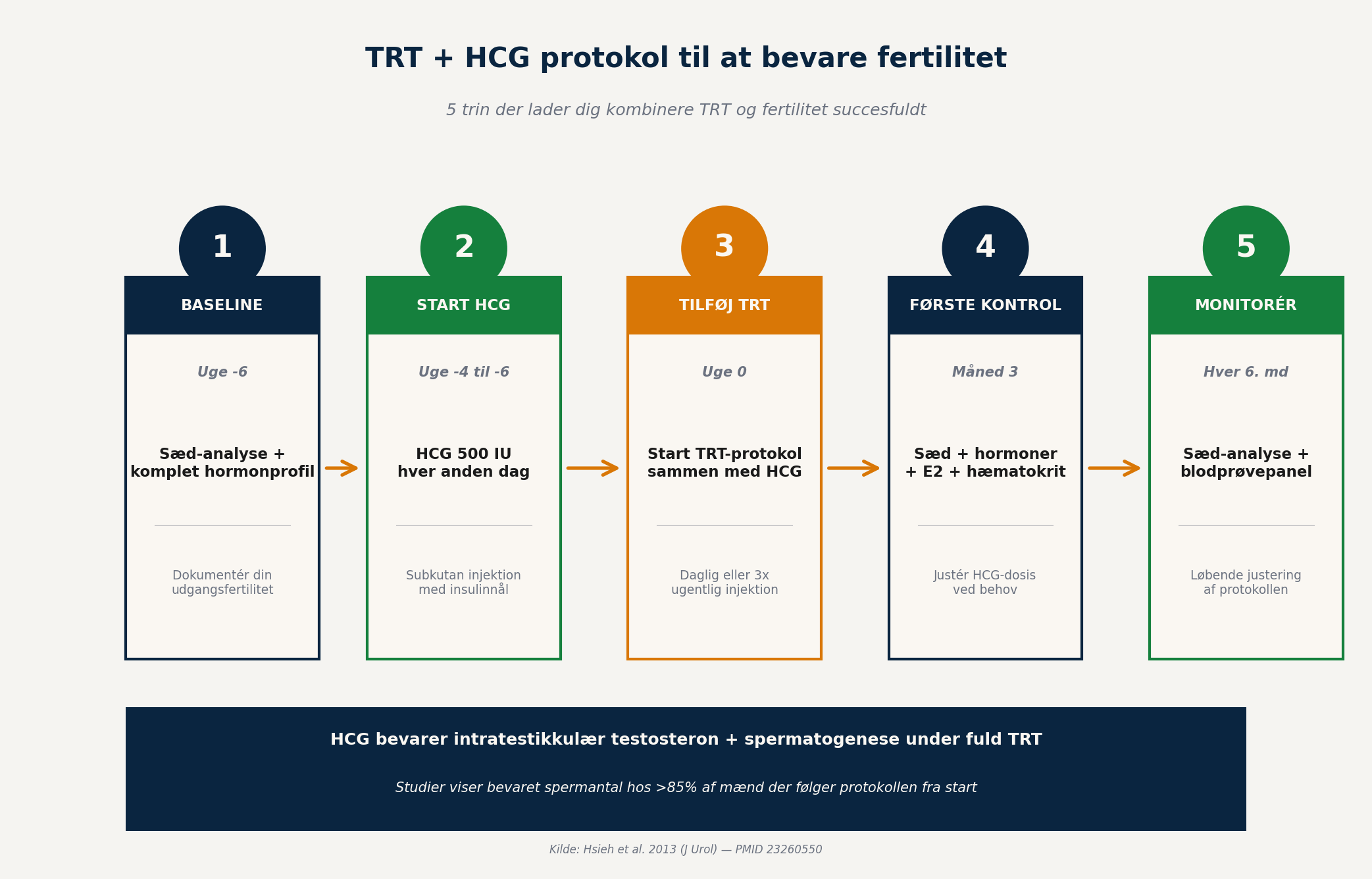 Infographic der viser 5-trins protokollen til at kombinere TRT og fertilitet: baseline tests, start HCG, tilføj TRT, første kontrol efter 3 måneder, og løbende monitorering hver 6. måned