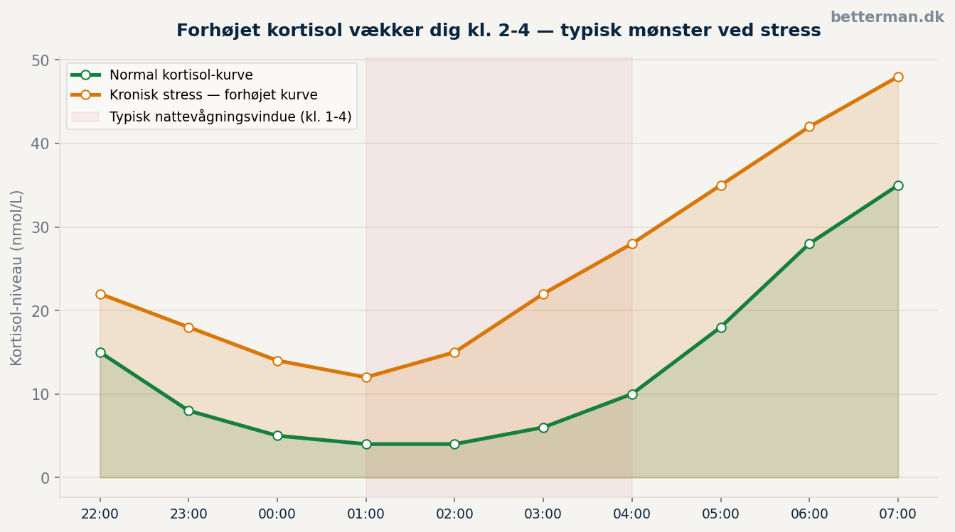 Vågner om natten? Årsager til nattevågning og hvad der virker 2 Linjediagram der viser kortisol-niveau over natten: normal kurve vs. forhøjet kurve ved kronisk stress
