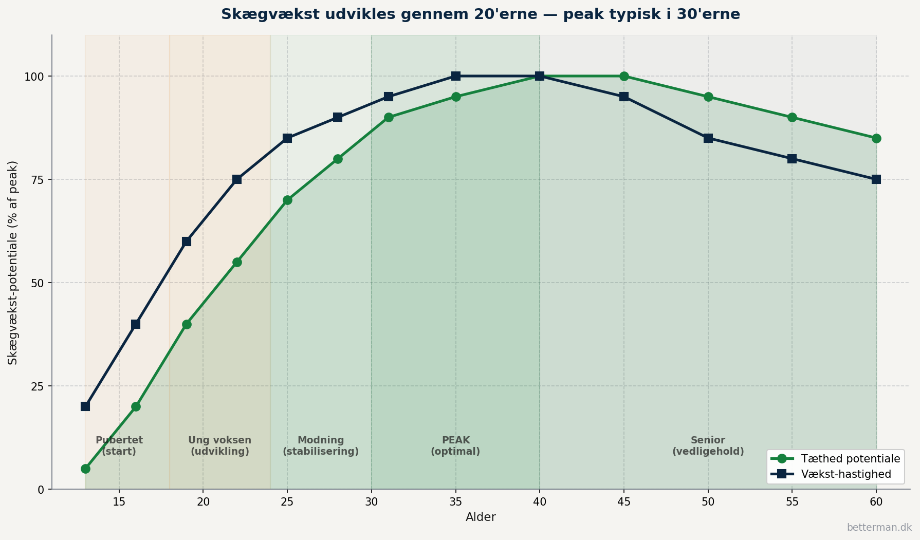 Linje-graf der viser hvordan skægvækst-potentiale og vækst-hastighed udvikler sig fra alder 13 til 60 med peak i 30 til 40 års alderen og gradvis stabilisering efter 40