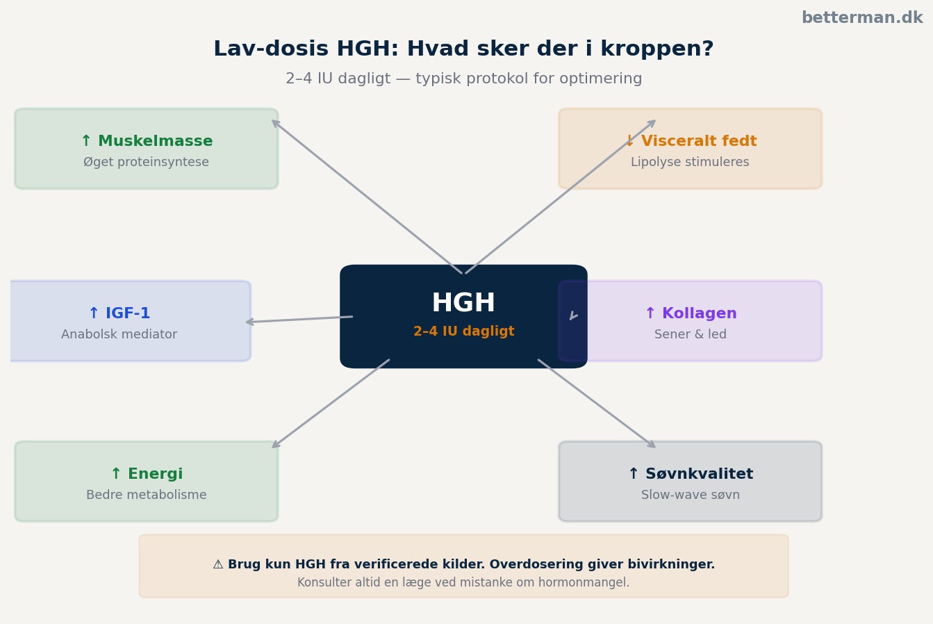 Lav-dosis HGH: hvad sker der i kroppen ved 2-4 IU dagligt — infografik med effekter