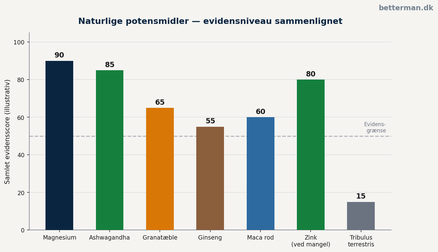 Naturlige potensmidler — oversigt over evidensniveau og primær mekanisme for de bedst dokumenterede supplementer