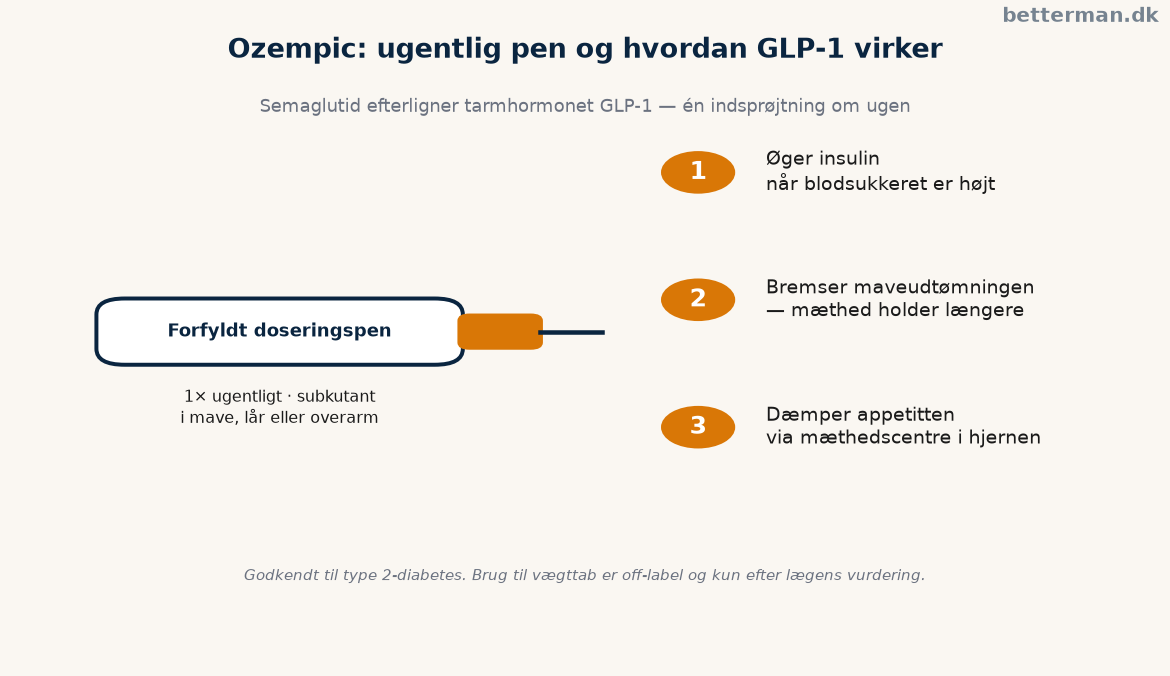Ozempic: komplet guide til virkning, dosering og pris 1 Ozempic doseringspen og GLP-1-virkning illustreret trin for trin
