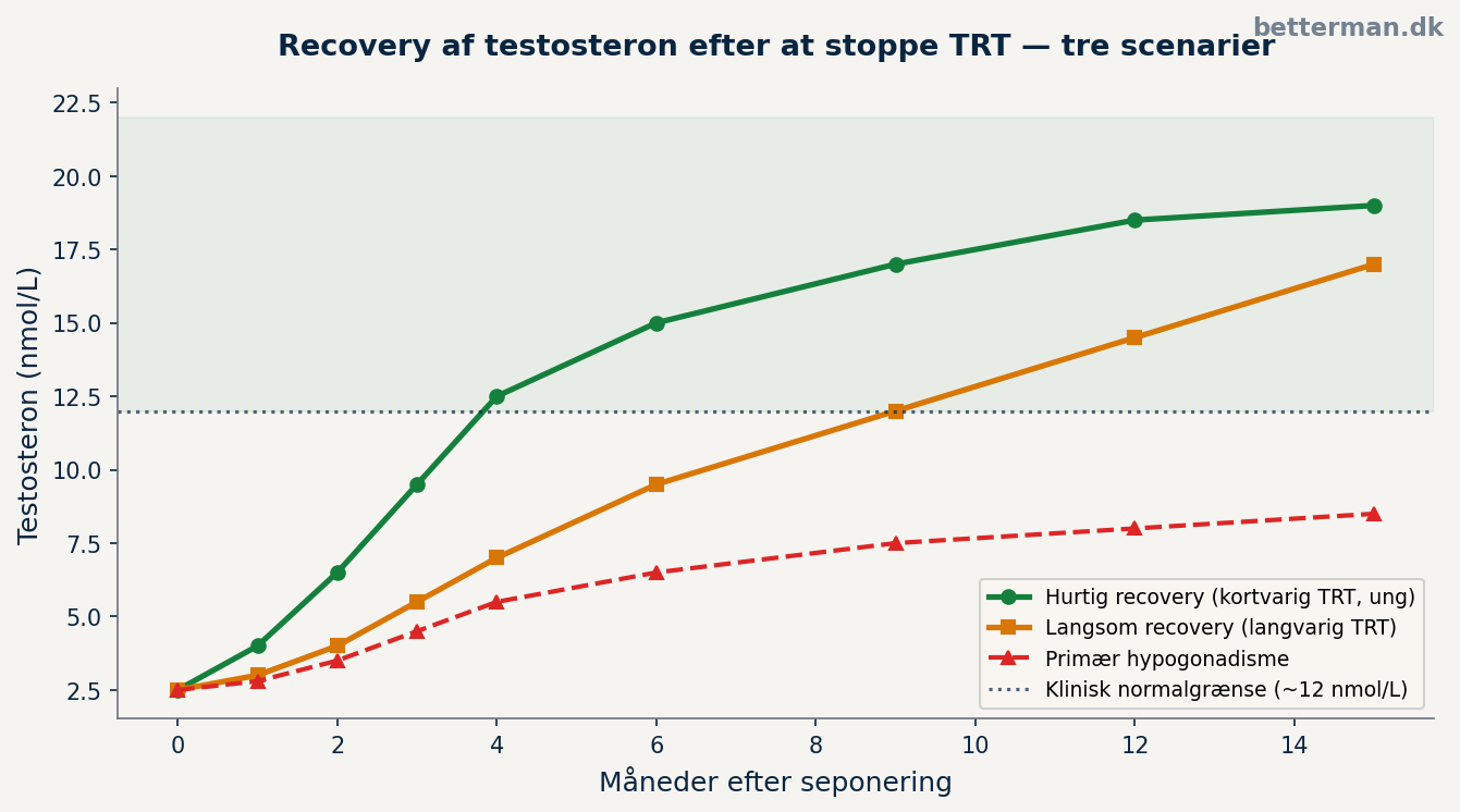 Testosteronniveau over tid efter seponering af TRT — forventet recovery kurve