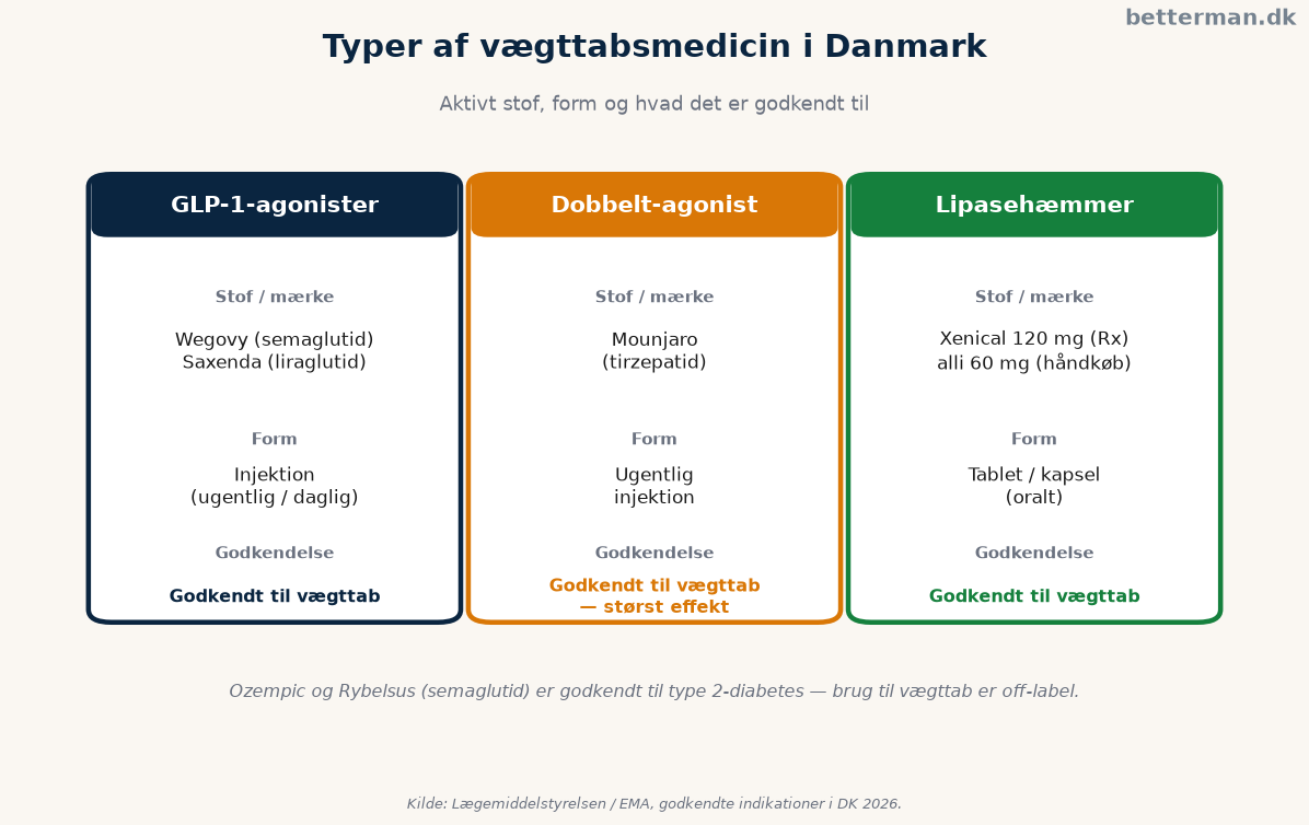 Oversigt over de forskellige typer vægttabsmedicin, deres aktive stof, form og godkendelse
