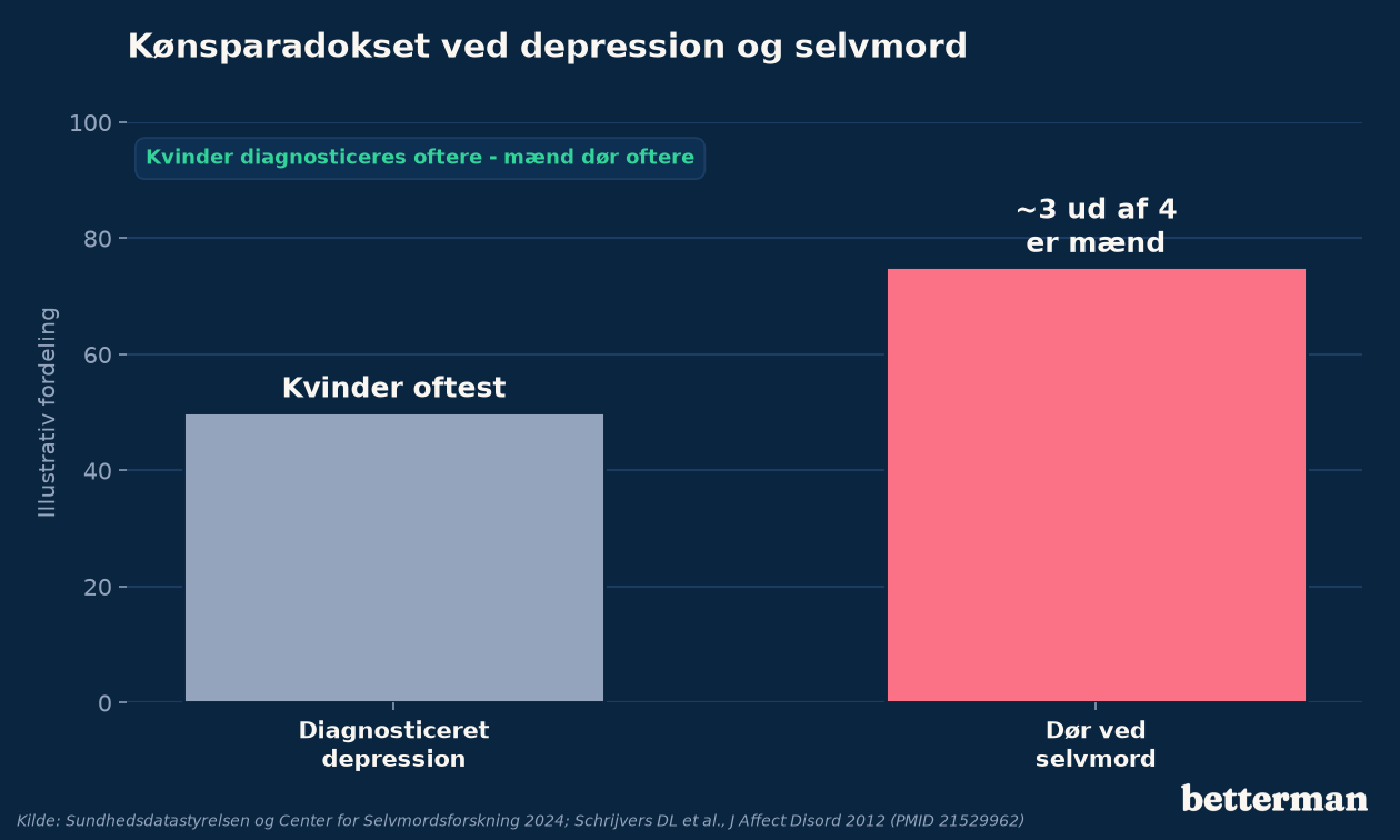 Kvinder diagnosticeres oftere med depression, men mænd dør markant hyppigere ved selvmord, kønsparadokset