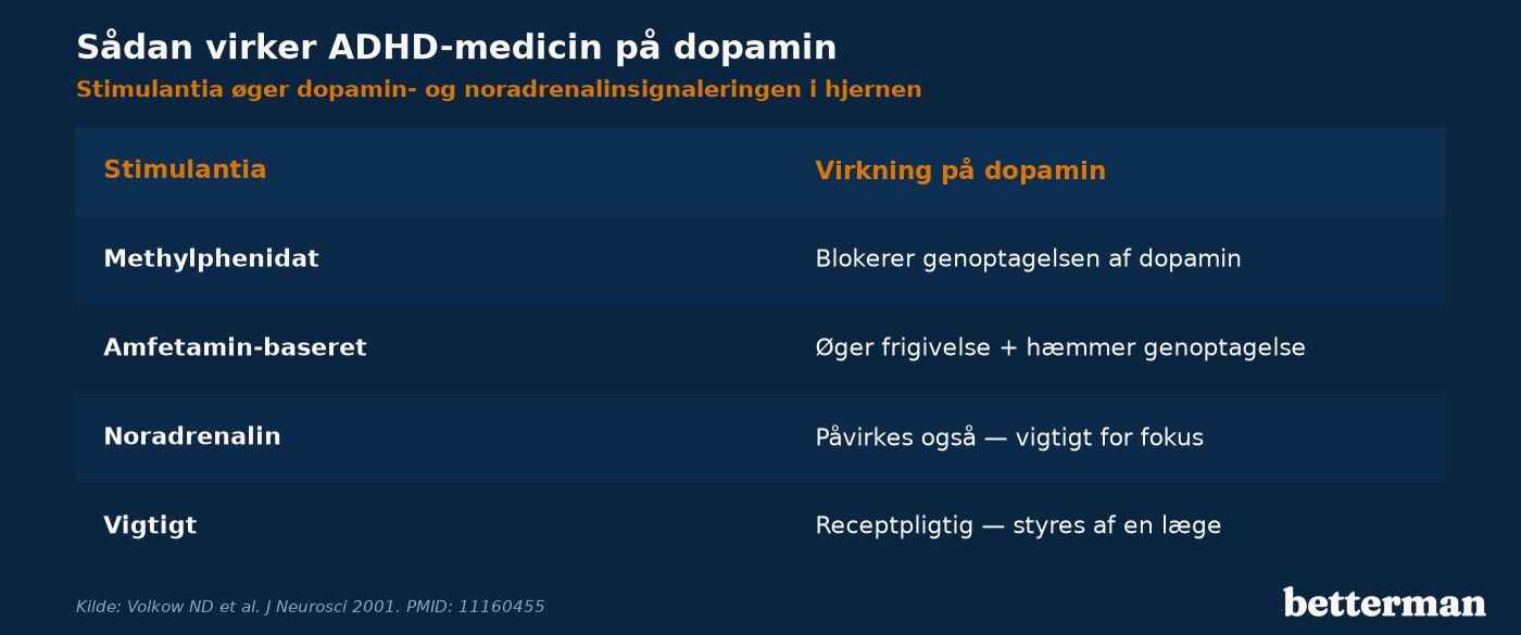 Stimulantia som methylphenidat og amfetamin øger dopamin- og noradrenalinsignaleringen i hjernen på forskellig vis