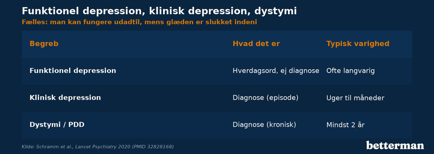 Funktionel depression, klinisk depression og dystymi stillet op side om side på varighed, sværhedsgrad og funktionsniveau