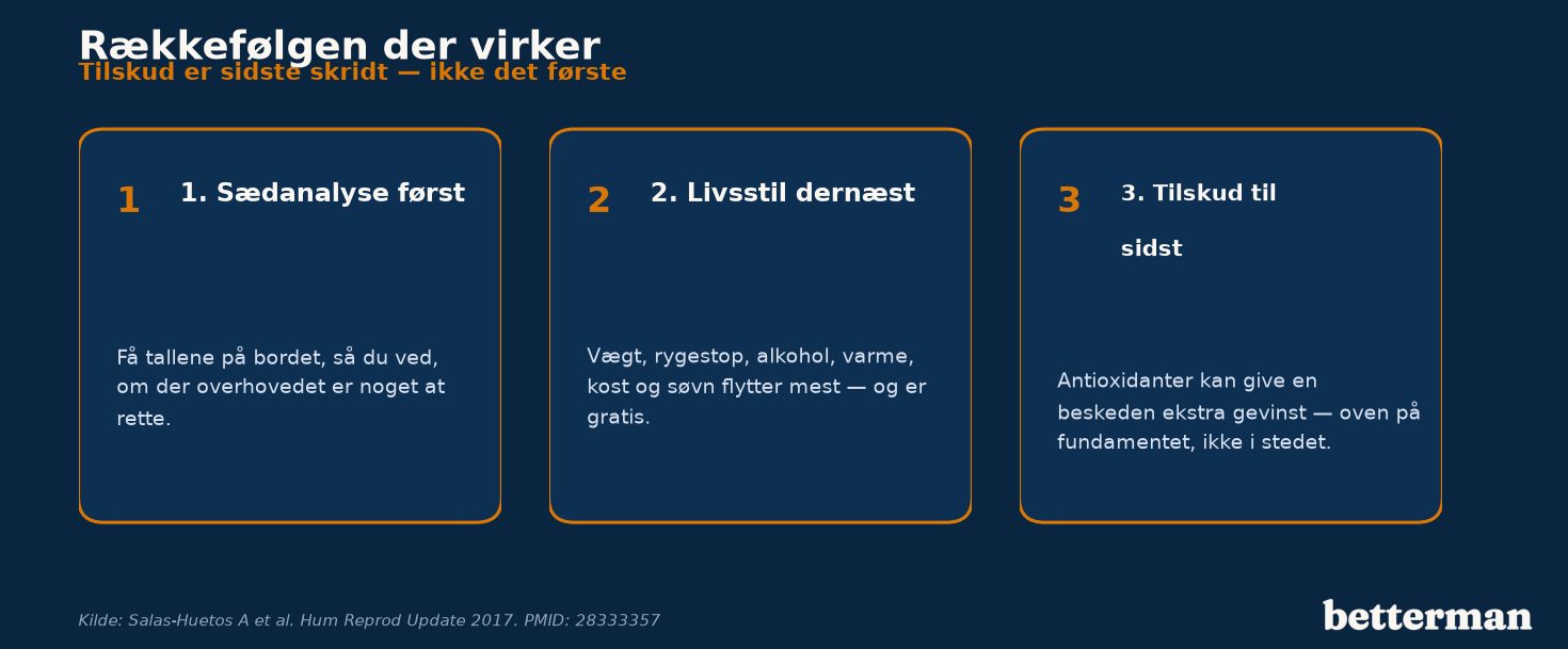 Kosttilskud sædkvalitet — sådan prioriterer du: sædanalyse først, dernæst livsstil, tilskud sidst