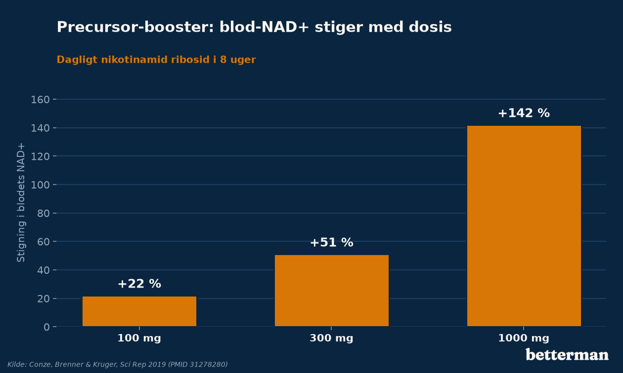 Blod-NAD+ stiger dosisafhængigt efter dagligt tilskud med precursoren nikotinamid ribosid i doser på 100, 300 og 1000 mg