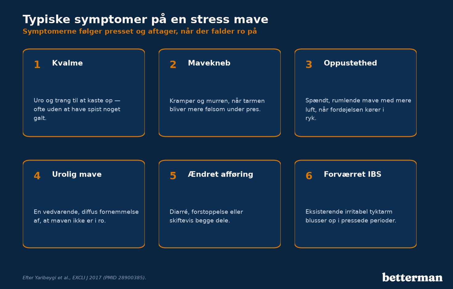 Oversigt over de typiske symptomer på en stress mave: kvalme, mavekneb, oppustethed, urolig mave, ændret afføring og forværret IBS