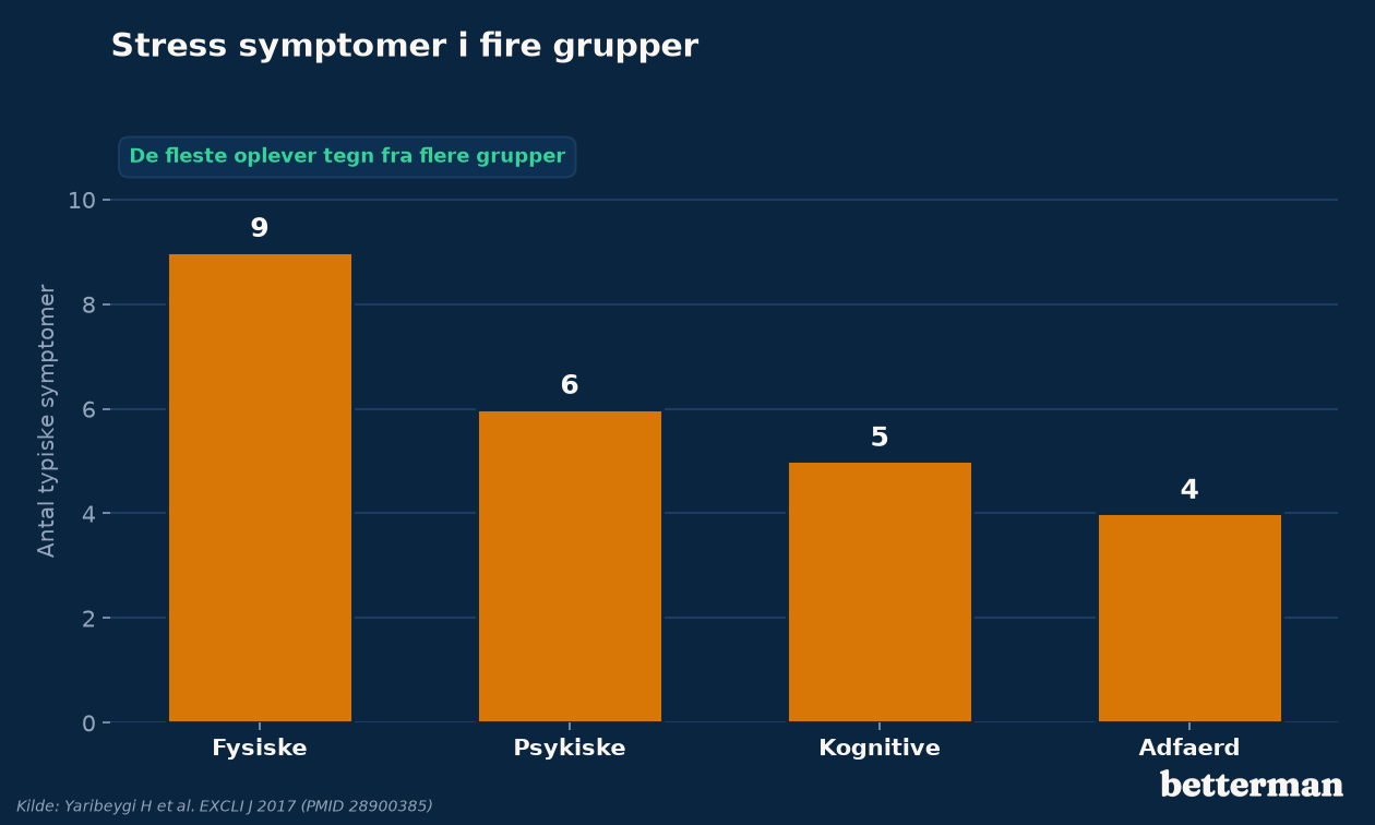 Stress symptomer fordelt på fire grupper: fysiske, psykiske, kognitive og adfærdsmæssige