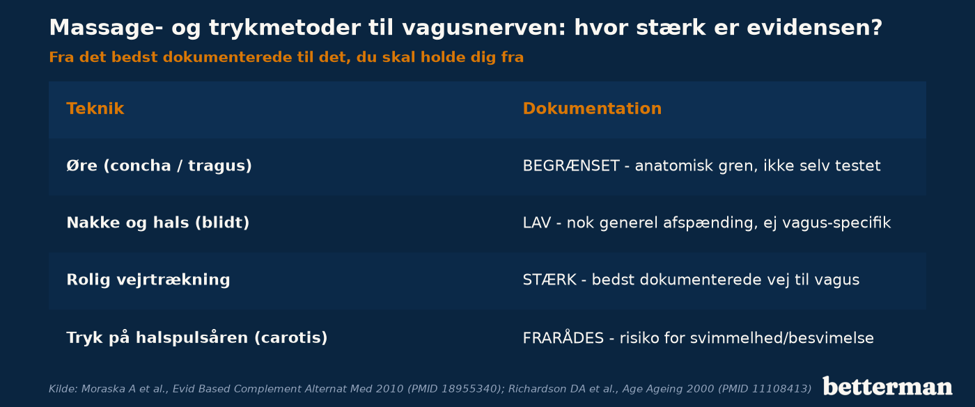 Oversigt over massage- og trykmetoder til vagusnerven og hvor stærk evidensen er for hver
