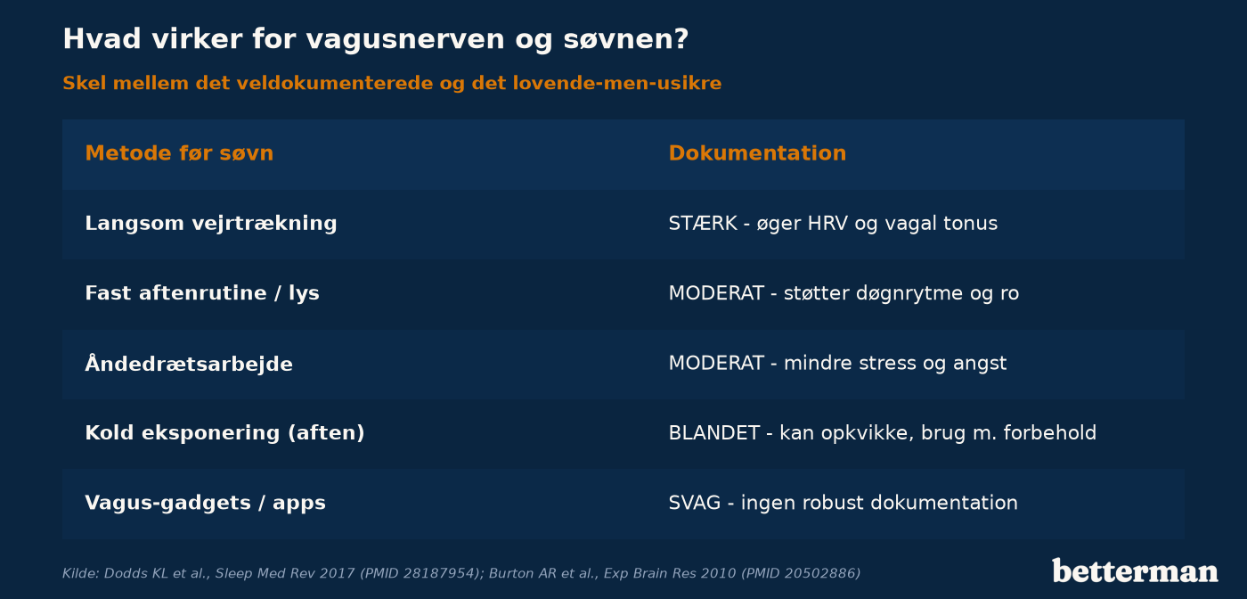 De mest anvendte metoder til at aktivere vagusnerven før søvn — og hvor stærk dokumentationen er