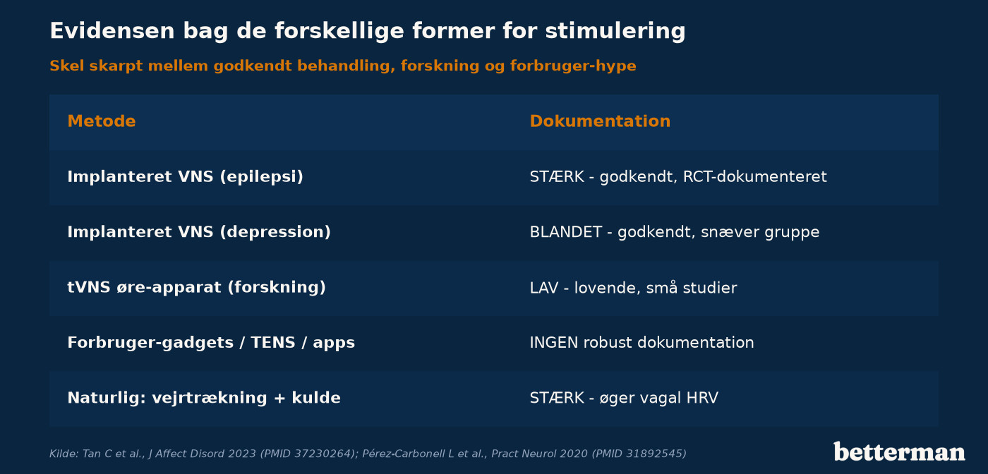 Evidensgradering af de forskellige former for stimulering af vagusnerven fra godkendt medicinsk behandling til forbruger-gadgets