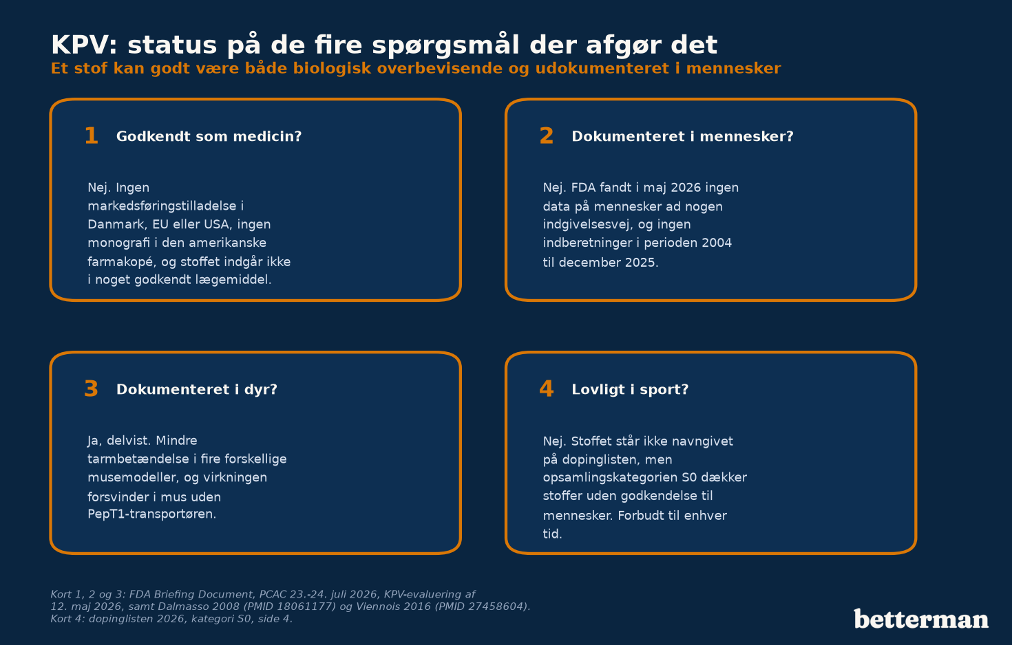 Status på KPV: godkendelse, dokumentation i mennesker, dokumentation i dyr og dopingstatus