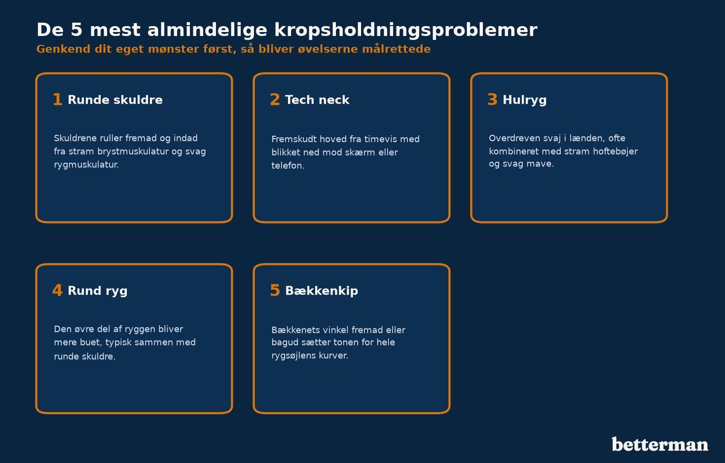 De 5 mest almindelige kropsholdningsproblemer, runde skuldre, tech neck, hulryg, rund ryg og bækkenkip