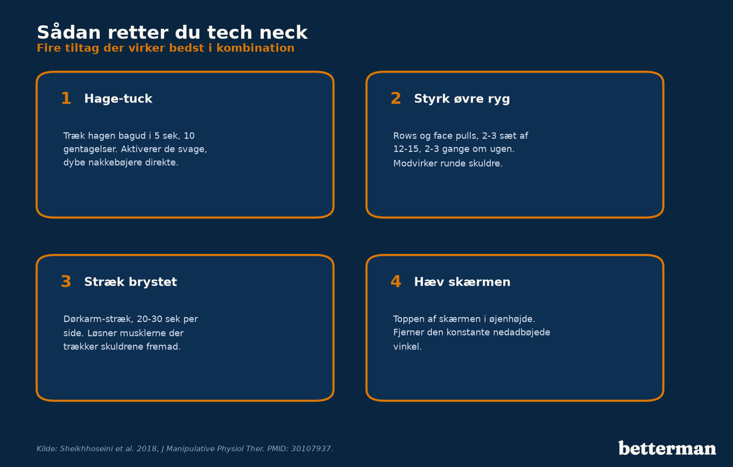 Fire tiltag der retter tech neck: hage-tuck, styrk øvre ryg, stræk brystet, hæv skærmen
