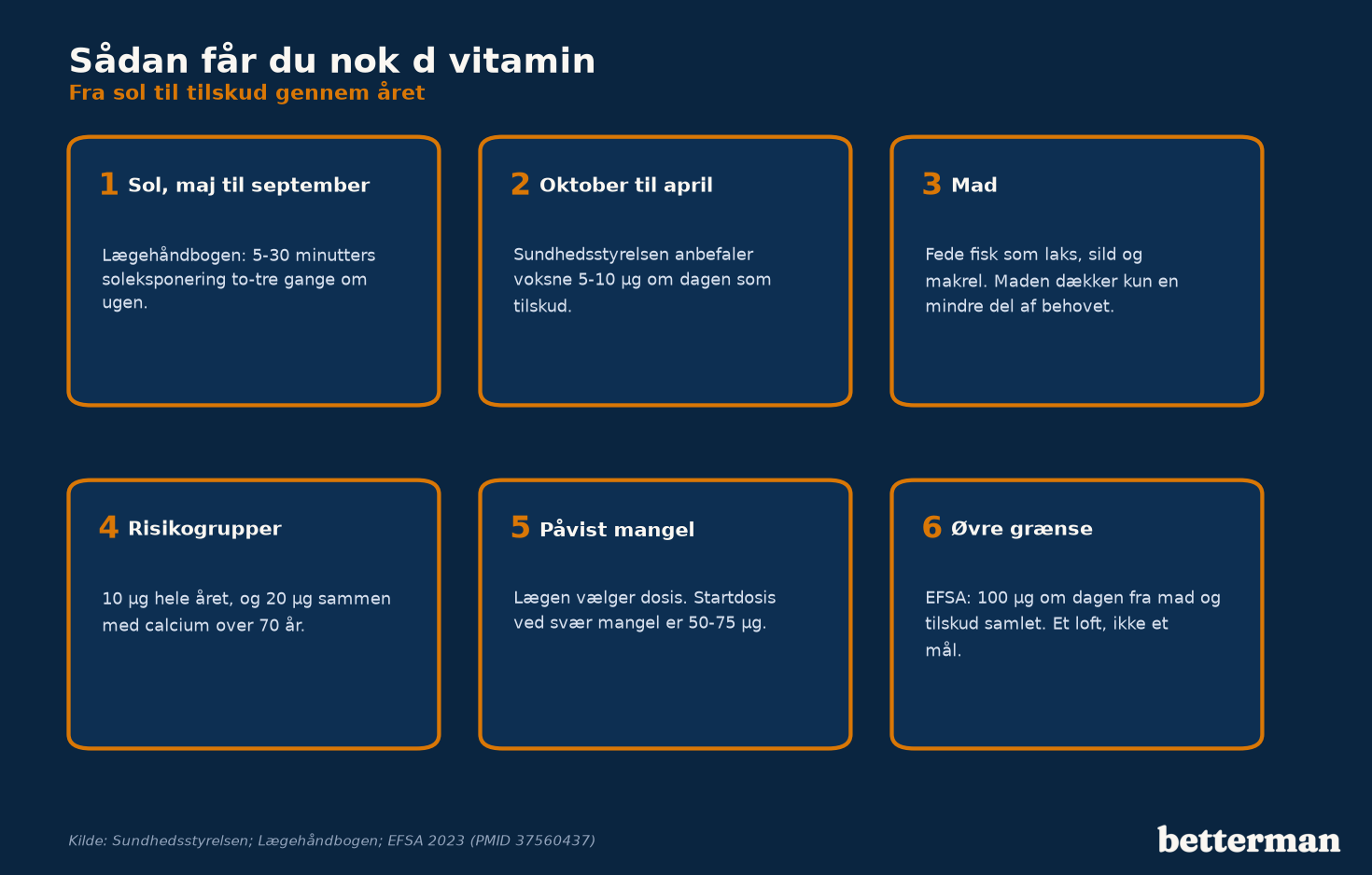 Sådan får du nok d-vitamin gennem året: sol, tilskud, mad, risikogrupper, påvist mangel og øvre grænse