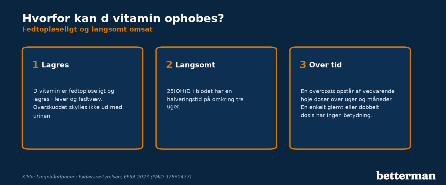 Hvorfor d-vitamin kan ophobes: fedtopløseligt, langsomt omsat og bygget op over uger og måneder
