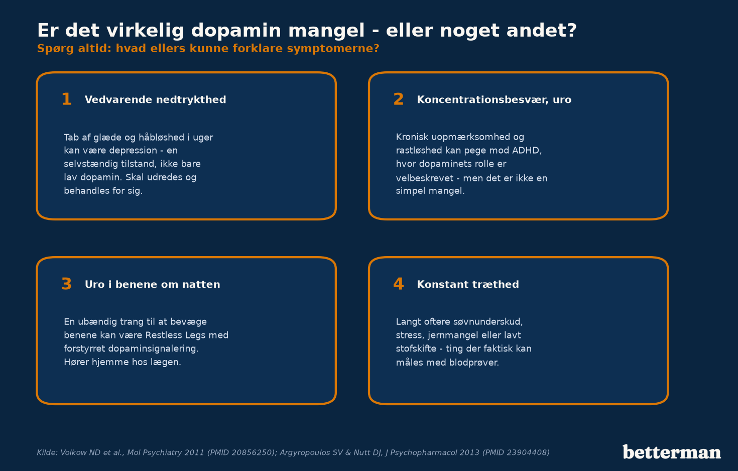 Vedvarende symptomer tilskrevet dopamin mangel skyldes ofte depression, ADHD, søvnproblemer eller uro i benene