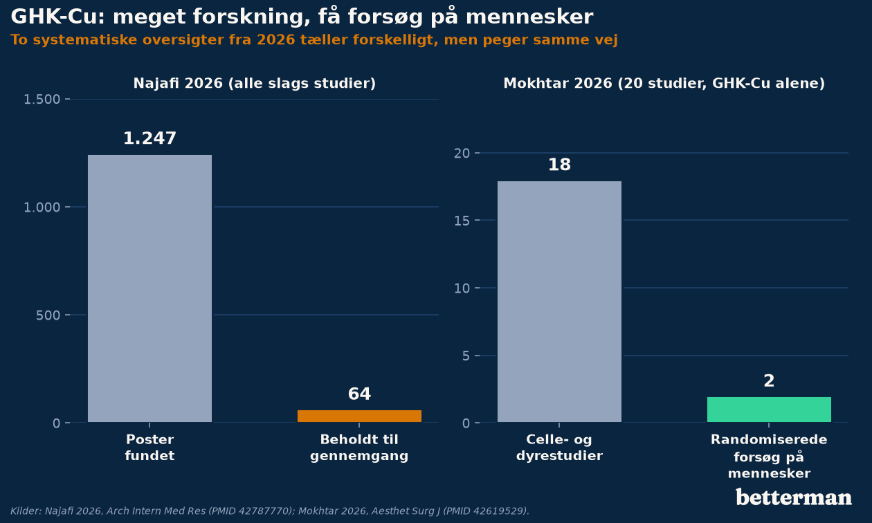 To søjlediagrammer: 1.247 poster fundet og 64 beholdt i en oversigt fra 2026, og 18 celle- og dyrestudier mod 2 randomiserede forsøg på mennesker i en anden