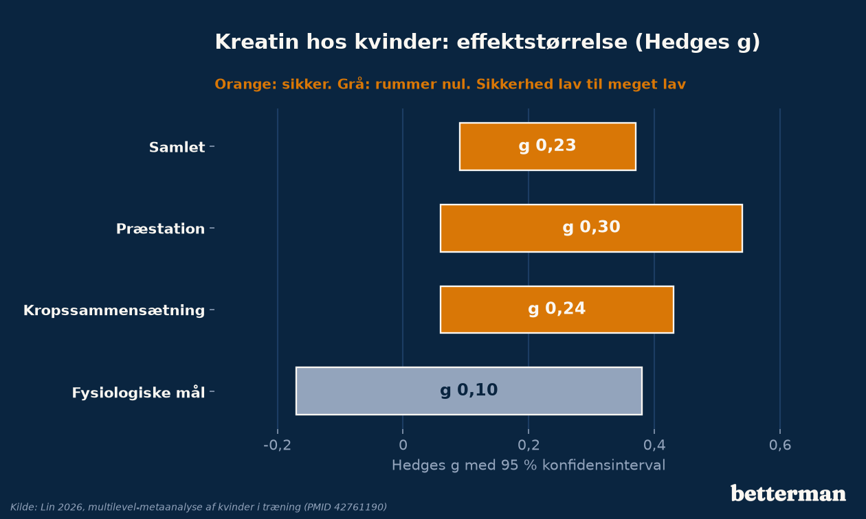 Effektstørrelse for kreatin hos kvinder i en opgørelse fra 2026: samlet, præstation, kropssammensætning og fysiologiske mål