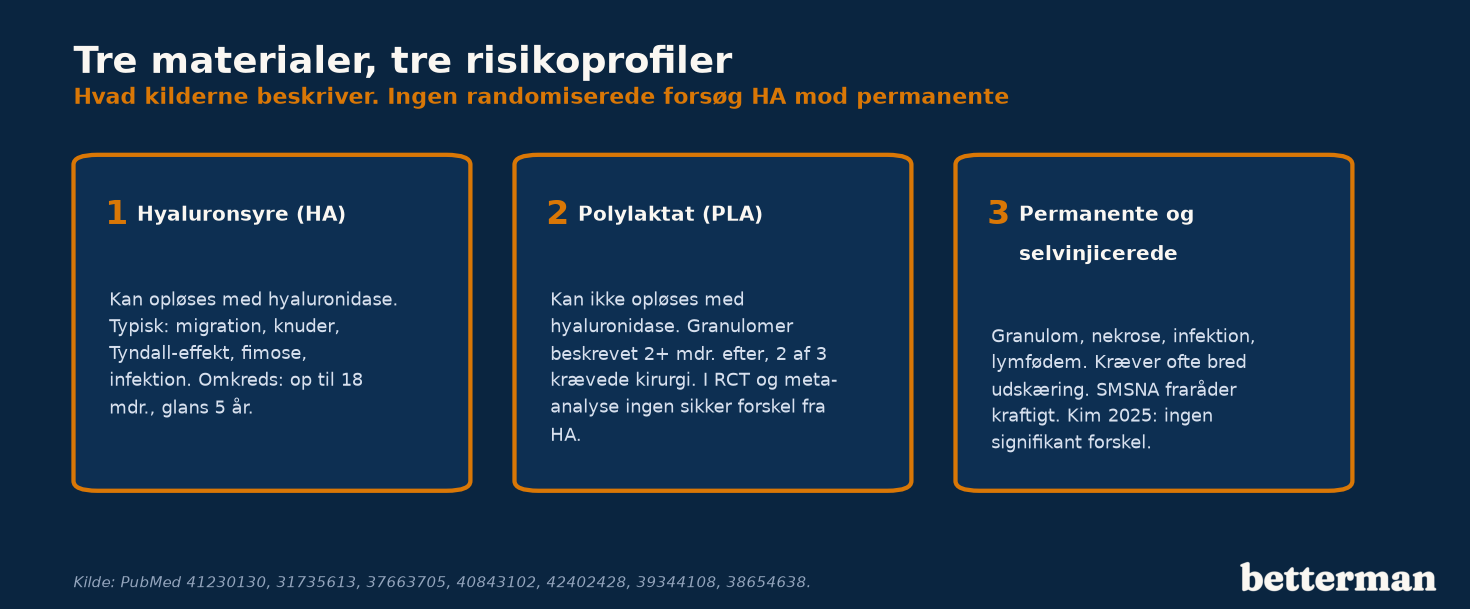 Penis filler sikkerhed, tre materialer og hvad kilderne beskriver: hyaluronsyre, polylaktat og permanente eller selvinjicerede fillers